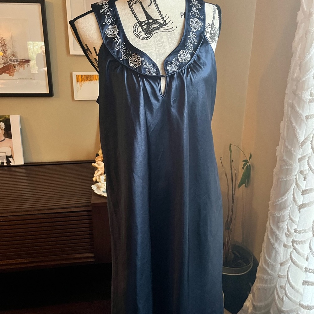 Vintage Oscar de la Renta Navy Satin Embroidered Slip Dress